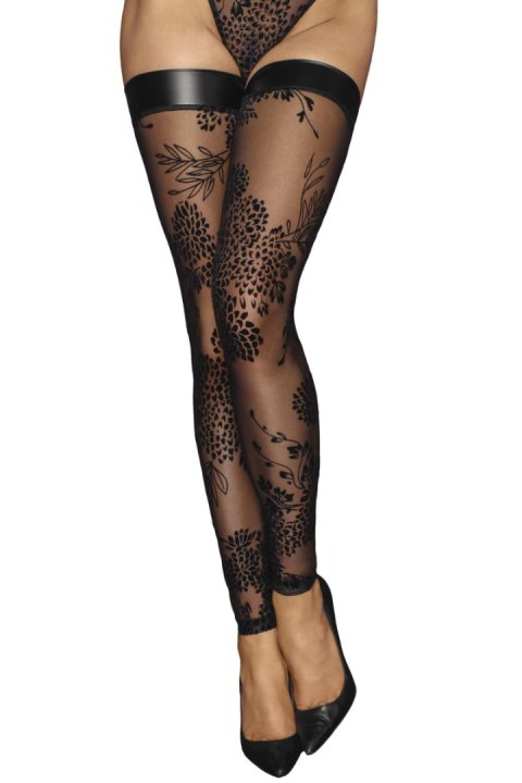 Tiulowe pończochy samonośne Noir Handmade F243 Tulle stockings with patterned flock embroidery and Powerwetlook band at the top Tiulowe pończochy samonośne Noir Handmade F243 Tulle stockings with patterned flock embroidery and Powerwetlook band at the top