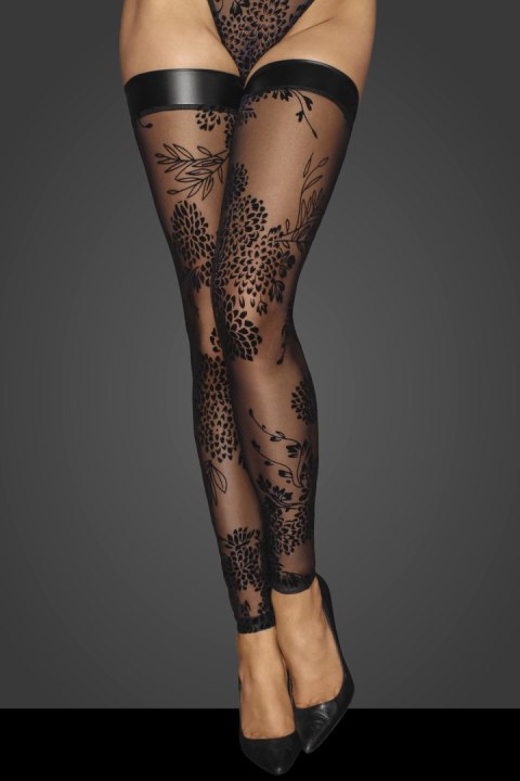 Tiulowe pończochy samonośne Noir Handmade F243 Tulle stockings with patterned flock embroidery and Powerwetlook band at the top Tiulowe pończochy samonośne Noir Handmade F243 Tulle stockings with patterned flock embroidery and Powerwetlook band at the top