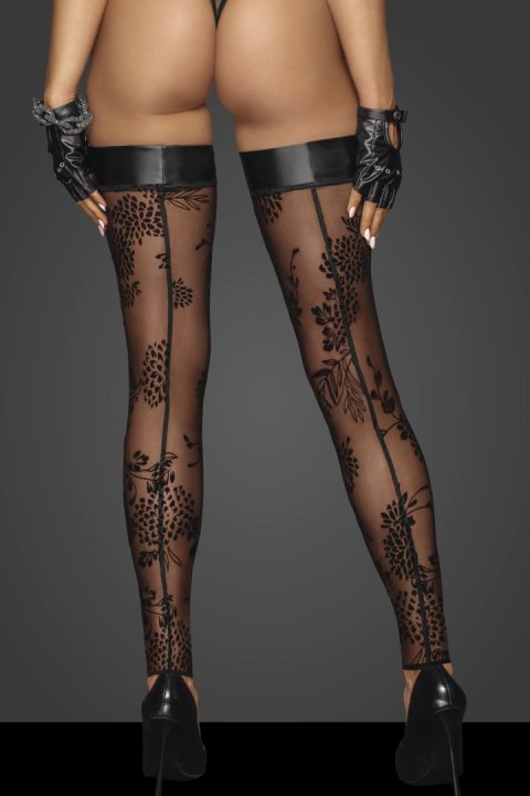Tiulowe pończochy samonośne Noir Handmade F243 Tulle stockings with patterned flock embroidery and Powerwetlook band at the top Tiulowe pończochy samonośne Noir Handmade F243 Tulle stockings with patterned flock embroidery and Powerwetlook band at the top