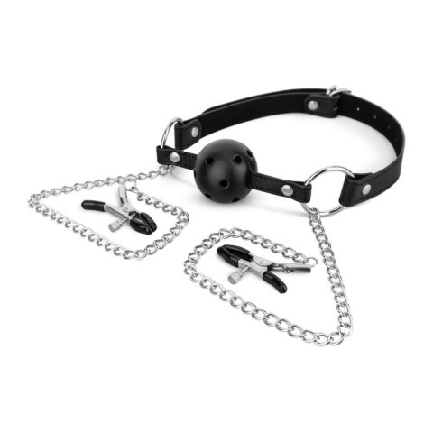 Bedroom Fantasies - Ball Gag with Nipple Clamps Black