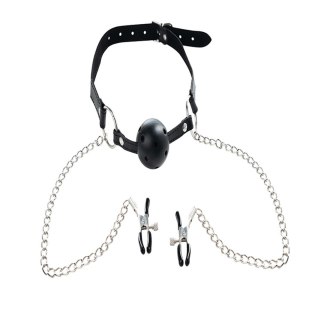 Breathable ball gag with adjustable nipple
clamps.
