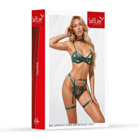 Bra, garter set, thong and necklace 110915 green XL