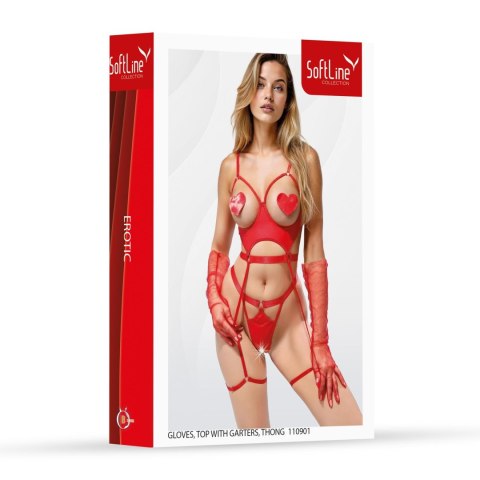 Gloves, top with garters, thong 110901 red S/M